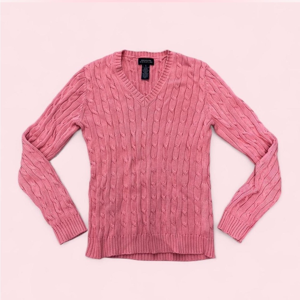 Jones New York Pink Cable-Knit V-Neck Sweater